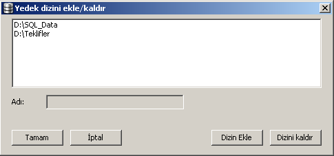 Yedek dizini ekle/kaldır penceresi